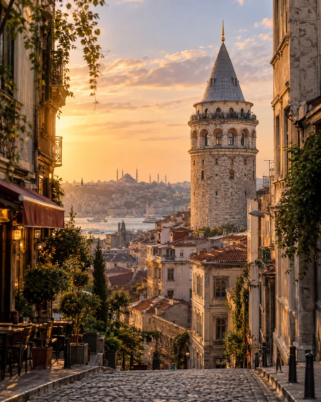 İstanbul’da bir şehir sokağının içinden görünen Galata Kulesi silueti