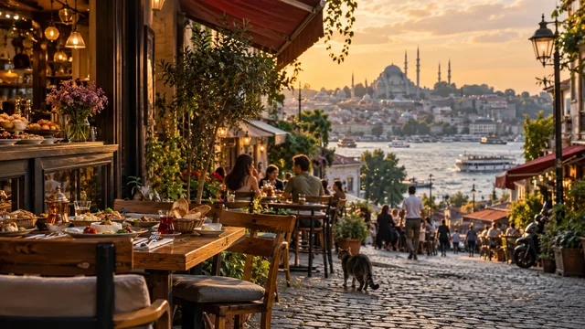 İstanbul’da bir yeme içme rotasını çağrıştıran masa ve şehir detayları