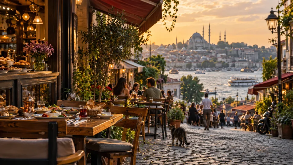 İstanbul’da bir yeme içme rotasını çağrıştıran masa ve şehir detayları
